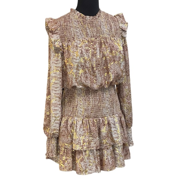 Endless Rose Metallic Animal Print Mini Dress Sz S Gold Ruffles Tier Long Sleeve - Picture 5 of 15